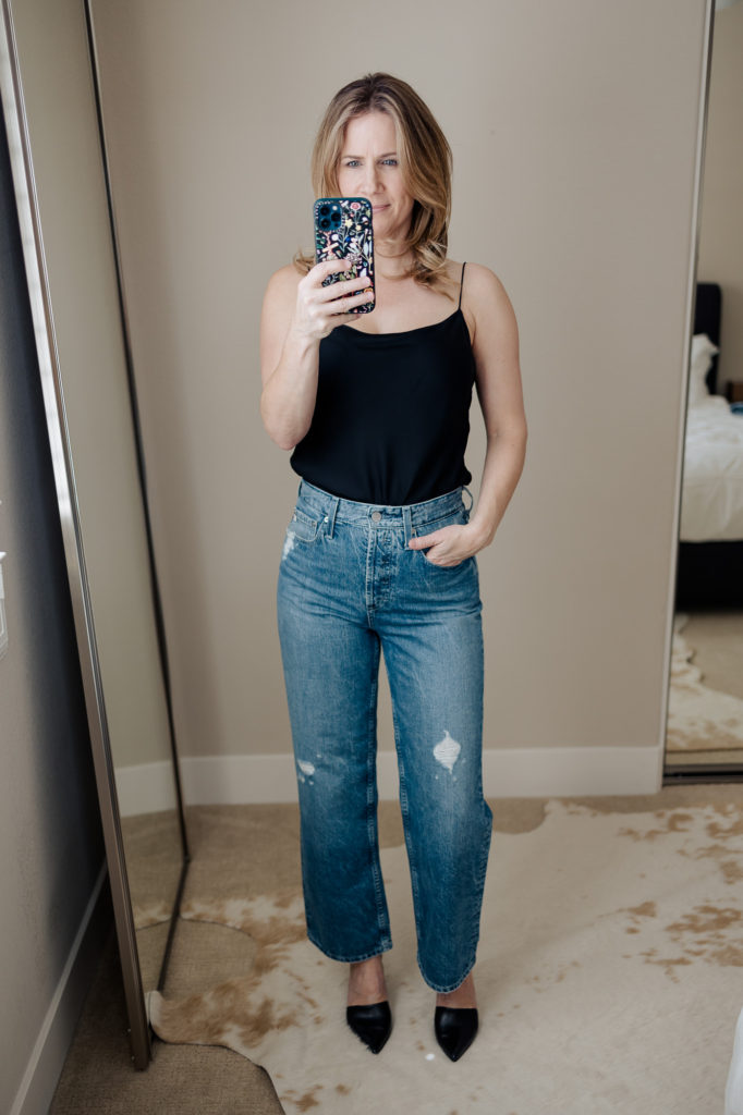 2021 baggy jeans styling with AG Knoxx and silk camisole.