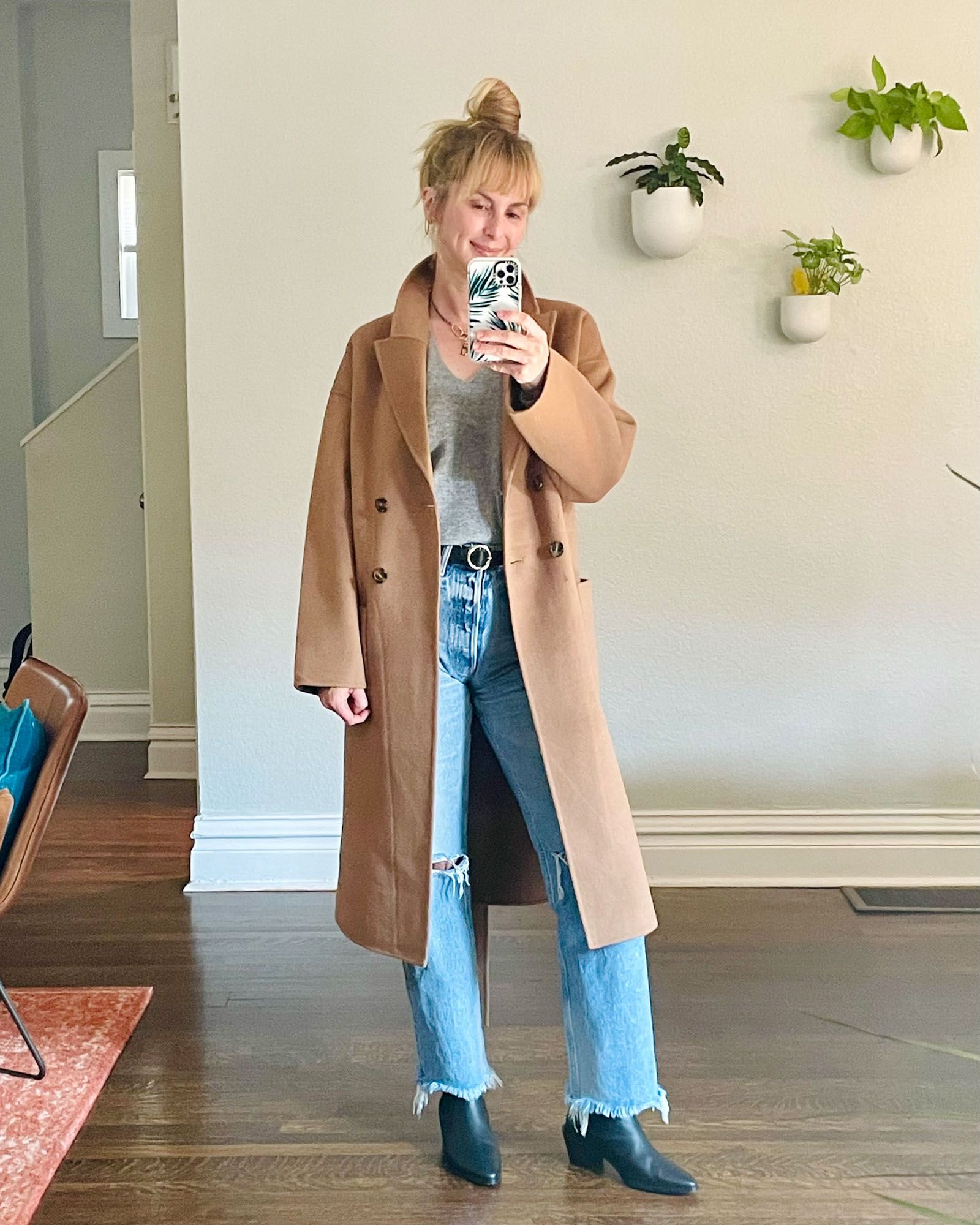Wearing the Anine Bing Dylan coat in camel with Moussy vintage jeans and Frame Lexington chelsea boots.