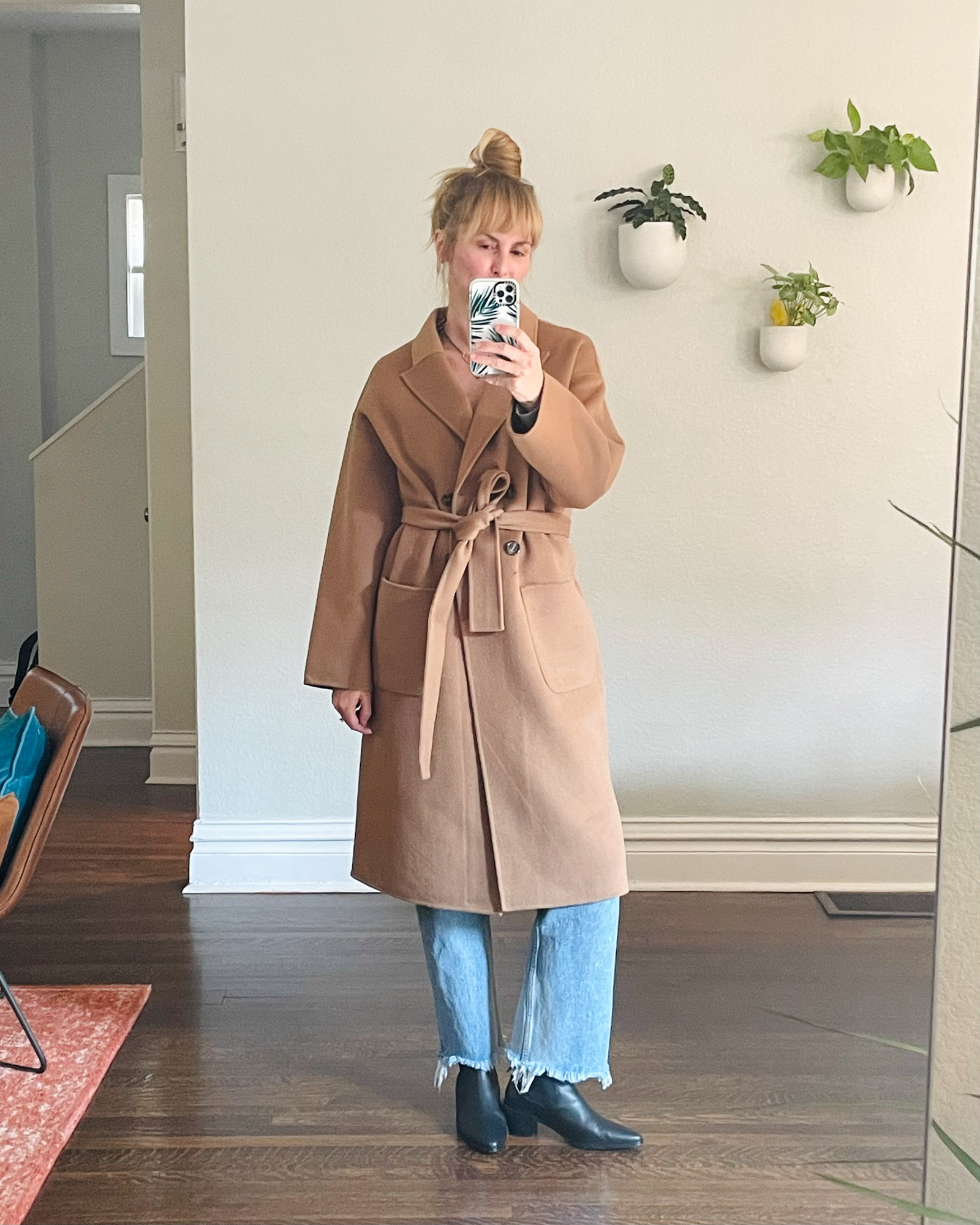 Wearing the Anine Bing Dylan camel coat with Moussy vintage jeans and Frame Lexington chelsea boots.