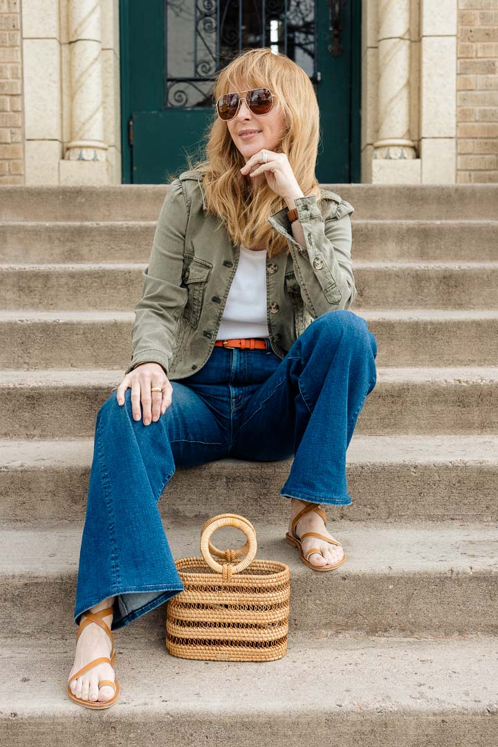 The most versatile spring and summer bag - wearing the Paige Pacey green jacket with MOTHER Hustler Roller jeans, K Jacques sandals, and the Cult Gaia mini Coco tote.