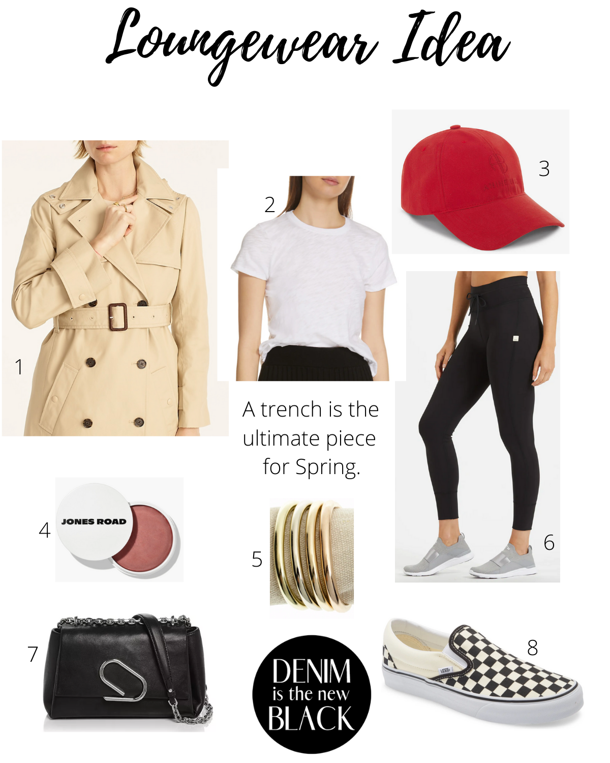 How to look good in loungewear for spring with a trench coat and classic checkered Vans sneakers.