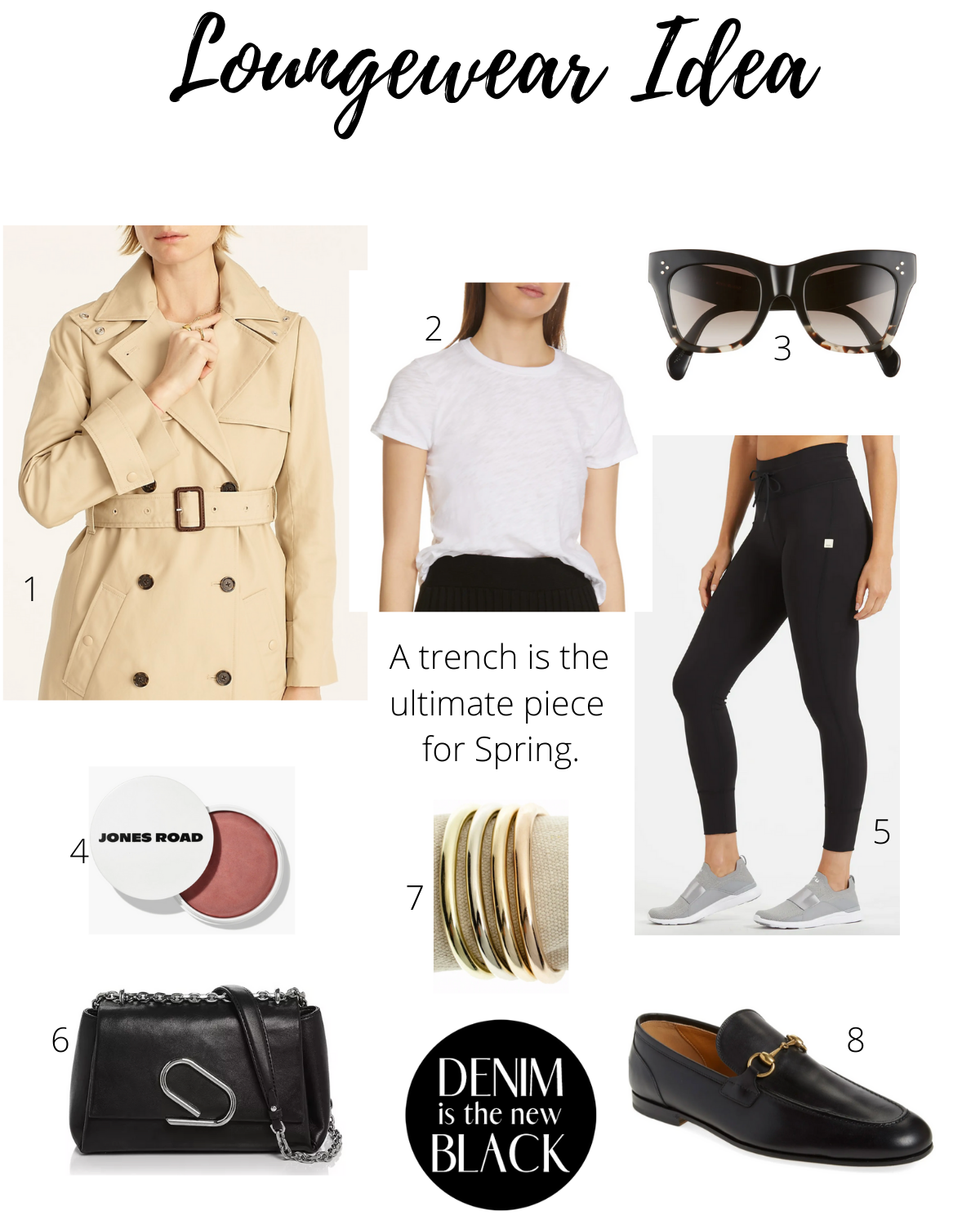 How to look good in loungewear for spring with a trench coat and Gucci Loafers.