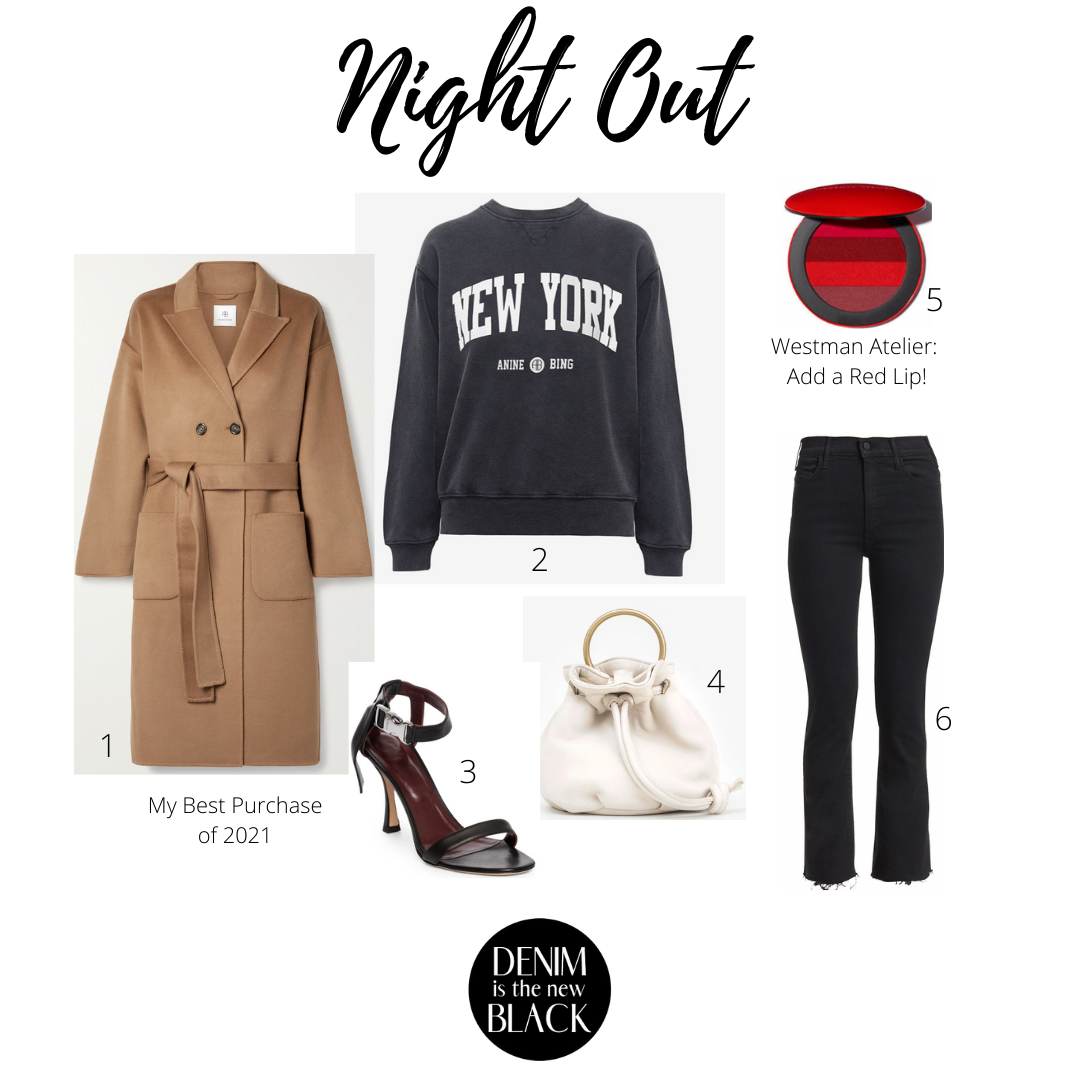 The Anine Bing New York sweatshirt style board for a night out.