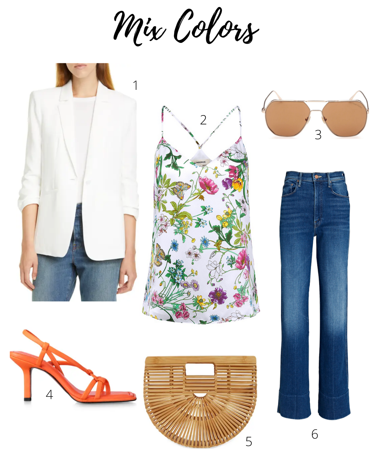 A style board featuring Frame sandals in orange crush, a floral L'Agence camisole, and MOTHER jeans.