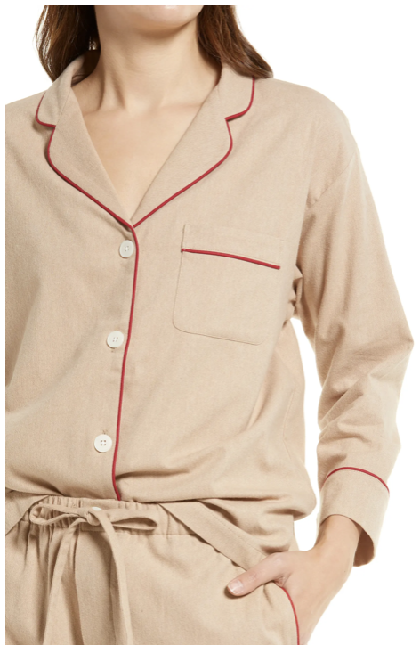 Sleepy Jones pajamas in camel with red piping.