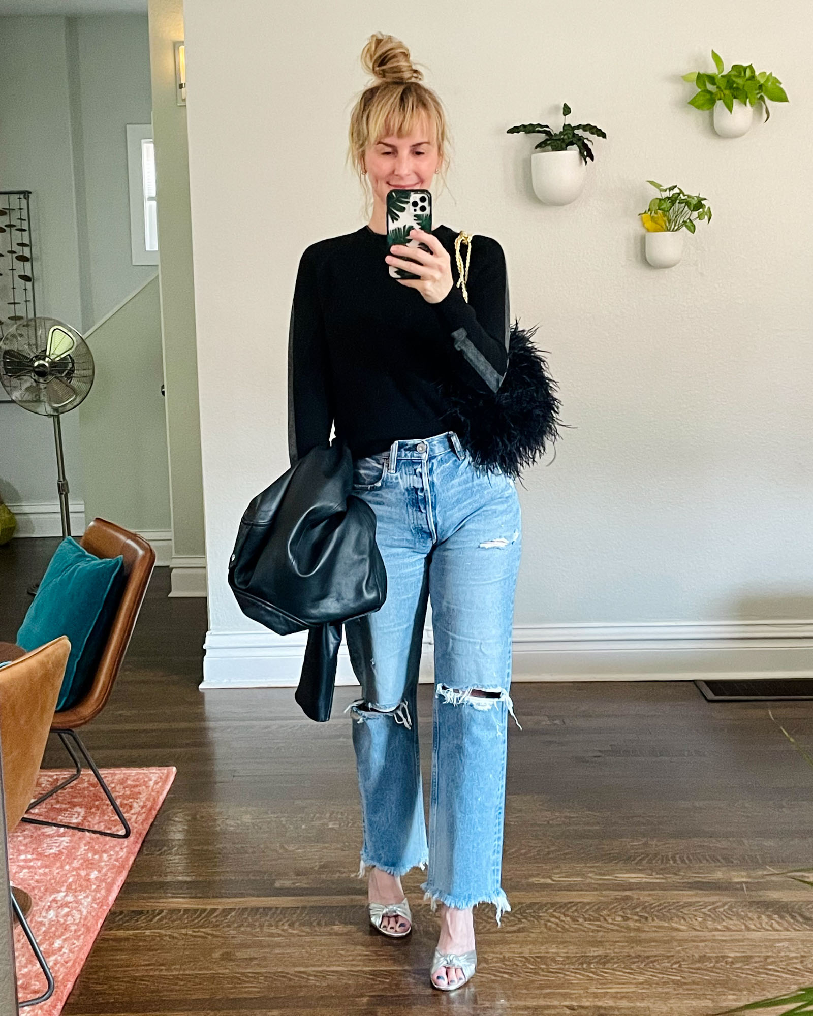 Wearing the Veronica Beard Ganita sandals with my Moussy jeans, a black cashmere Theory sweater, and my black Iro Haan leather jacket.