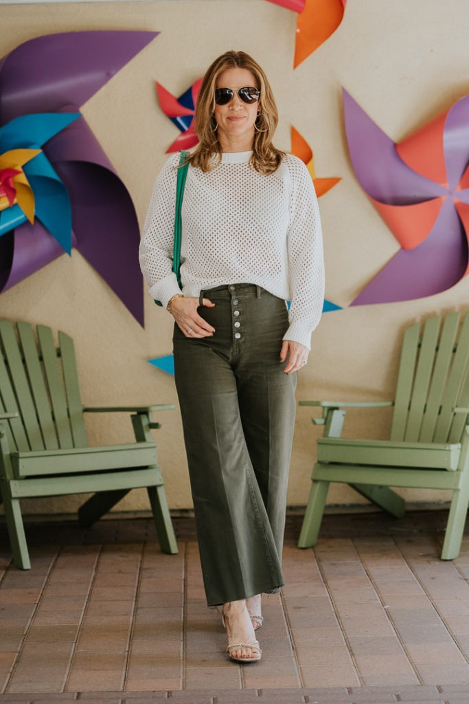 Olive Green Pants Outfit - Veronica Beard Grant + Able Taylor Mesh Sweater