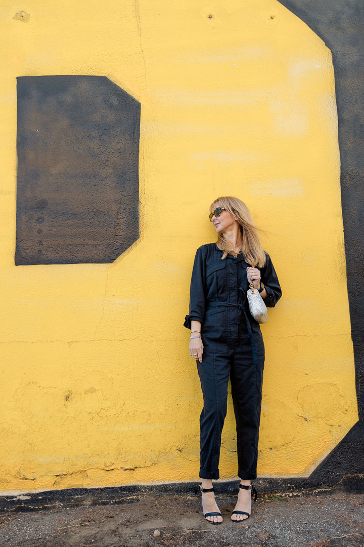 Wearing the Alex Mill Expedition jumpsuit in washed black with Staud pumps and a silver ClareV bag.