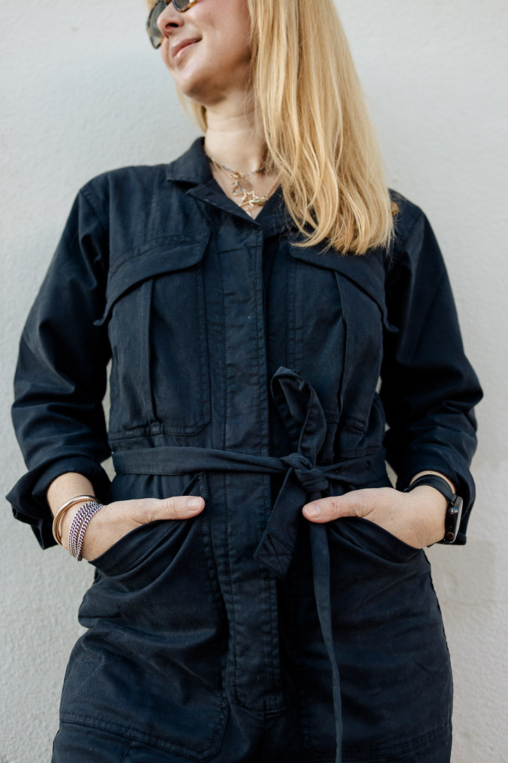The Alex Mill Expedition Jumpsuit in black close-up.