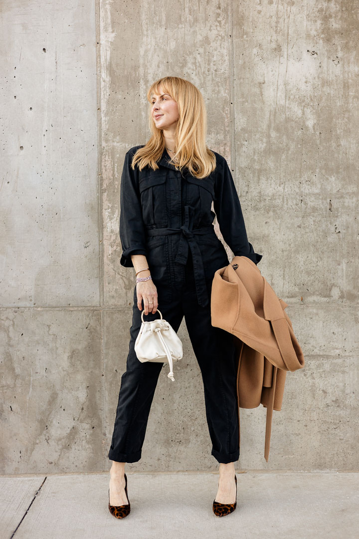 Wearing the most flattering jumpsuit ever by Alex Mill with the Anine Bing Dylan camel coat, an ivory bag and pumps.