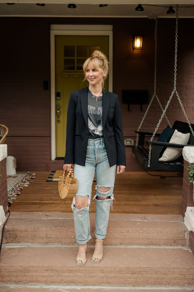 Wearing the Anine Bing Lili tee in washed black with the Veronica Beard black scuba blazer and ripped jeans.