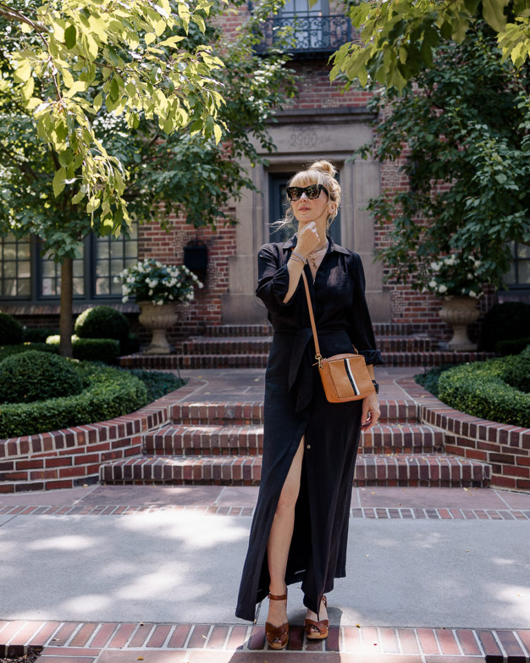 Wearing the black Brochu Walker Madsen dress with clogs and a Clare V bag.