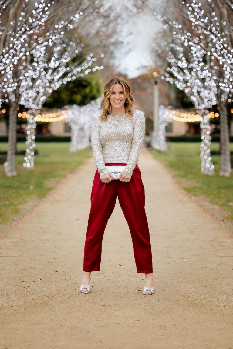 Christmas Outfit - Free People Sequin Top plus Vince Camuto Red Pants