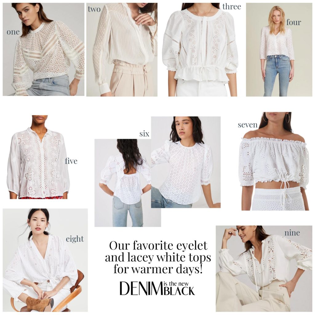 Collage of our favorite white eyelet and lacey tops for Spring 2021