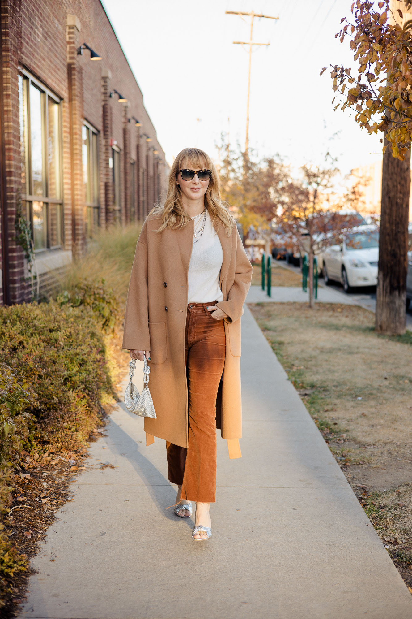 Wearing Anine Bing Dylan camel coat with brown Mother corduroy pants and silver accessories.