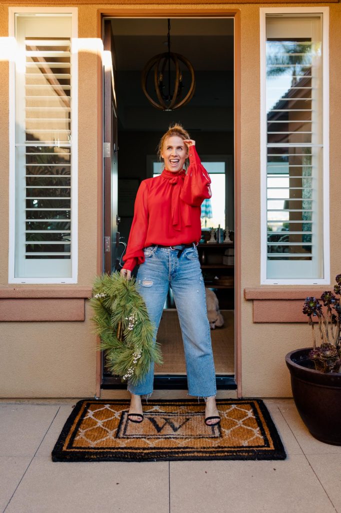 Holiday Attire - Wearing Frame Silk top and Anine Bing Gavin jeans
