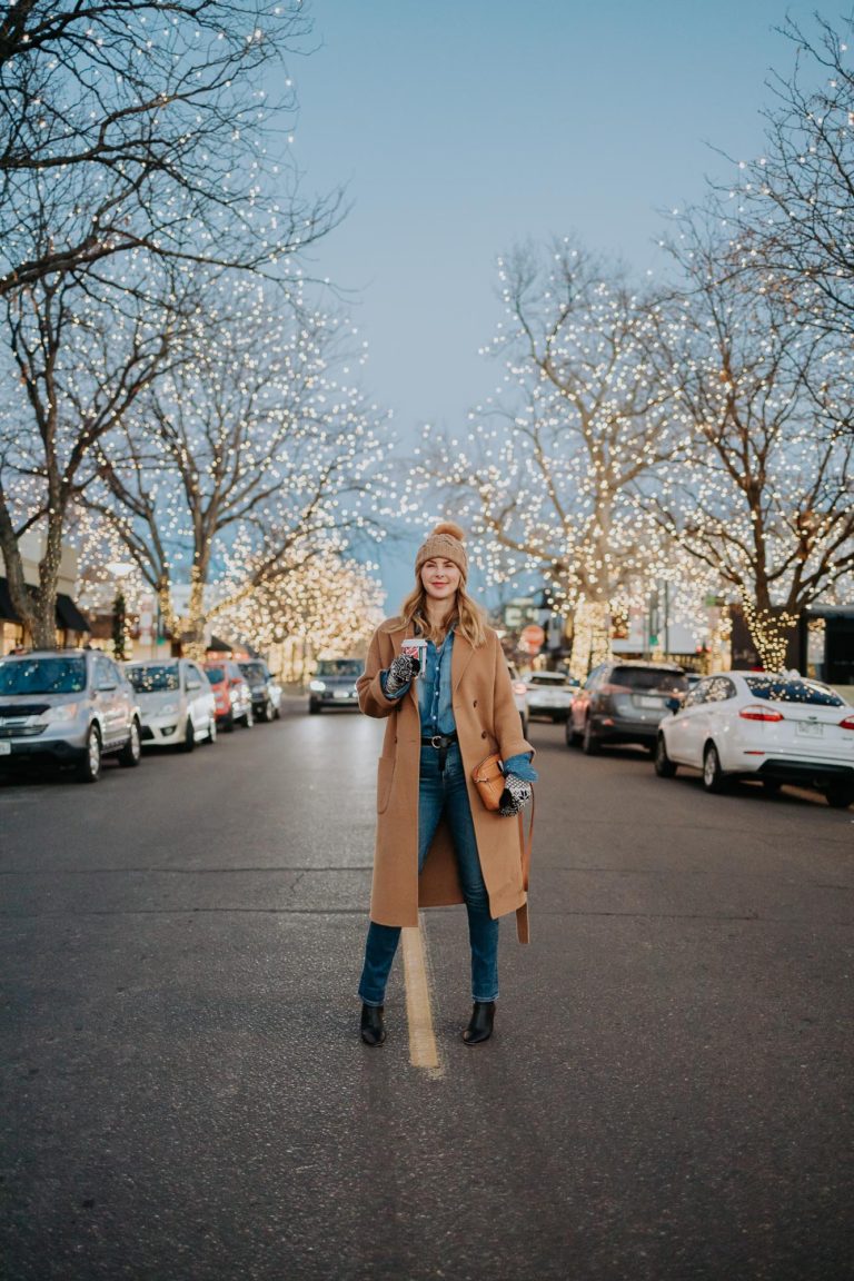 Wearing a denim on denim outfit with a camel coat by Anine Bing for a casual holiday vibes.