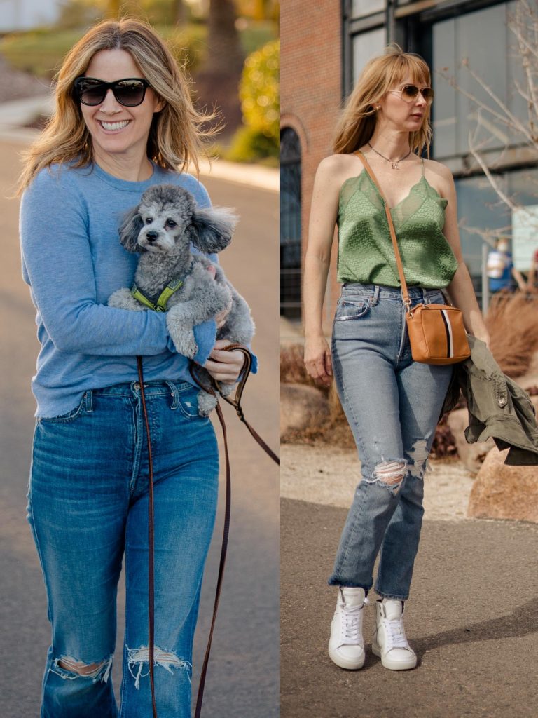 Favorite denim spring outfits with Zadig & Voltaire cashmere, Christy camisole and sneakers, Mother jeans, Agolde jeans, Clare V bag, and Paige jacket.