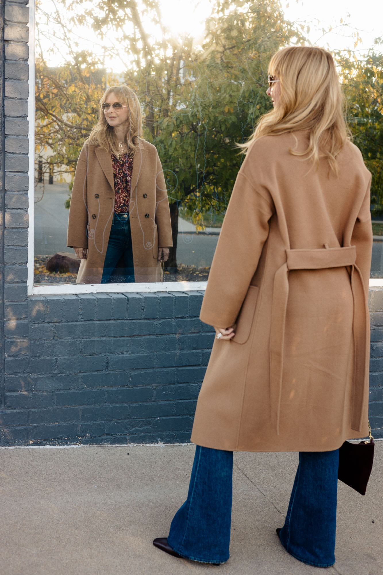 Wearing the Anine Bing Dylan coat in camel over Mother flare jeans.