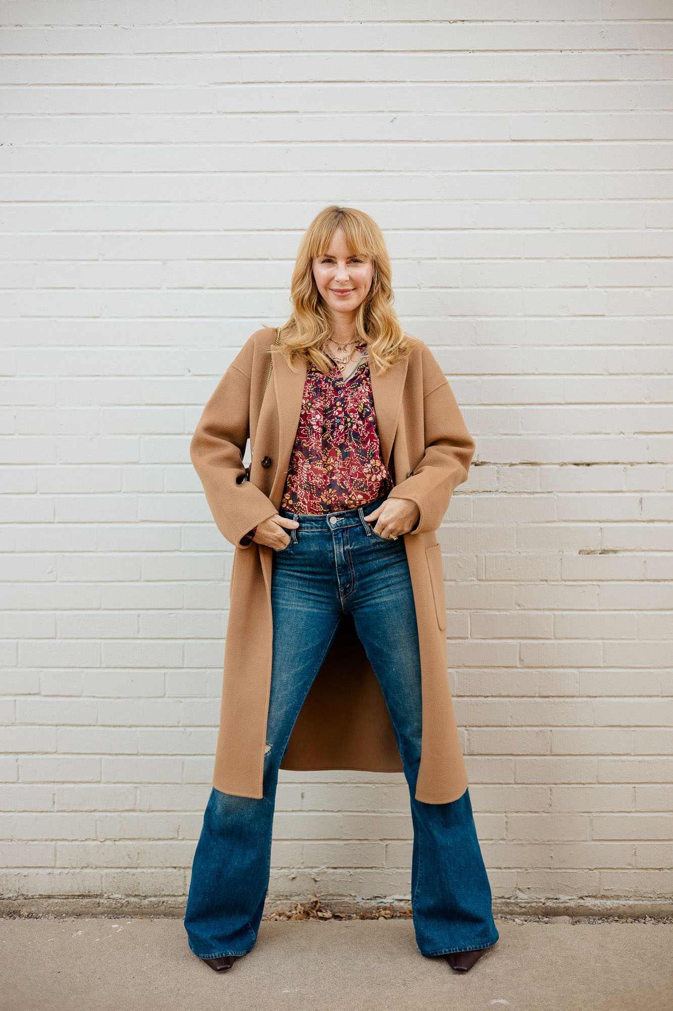 Wearing the Anine Bing Dylan coat with a BA&SH fall red print blouse and Mother flare jeans.