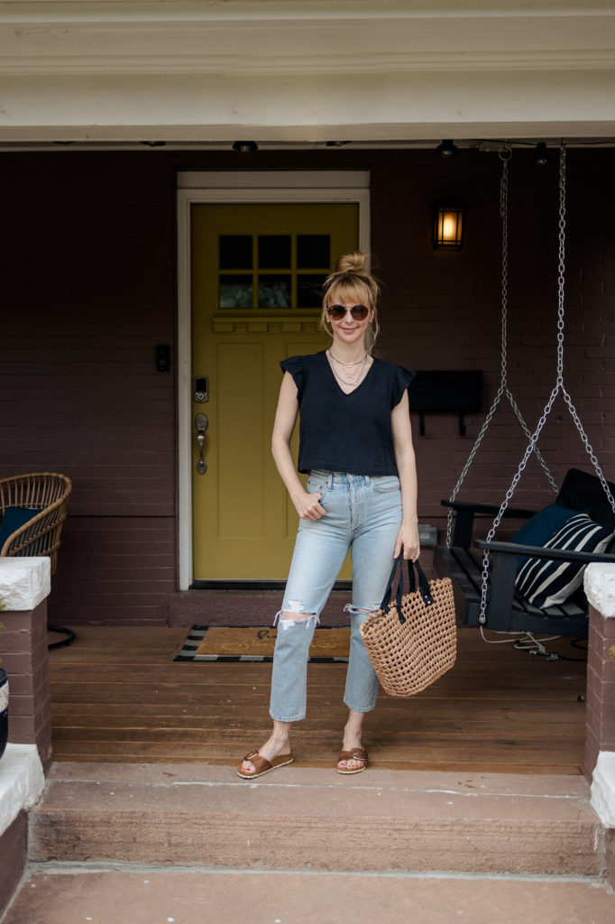 Wearing the black Rails miley top with Agolde Riley jeans.