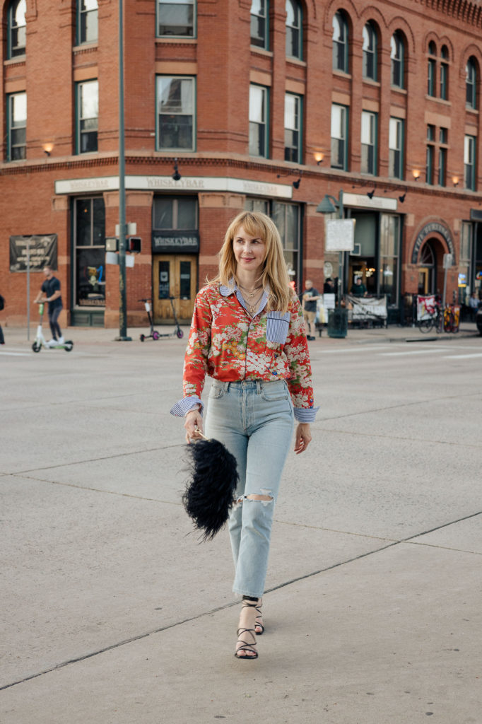 Wearing the West of Breakfast 'Lovely' pajama top in downtown Denver