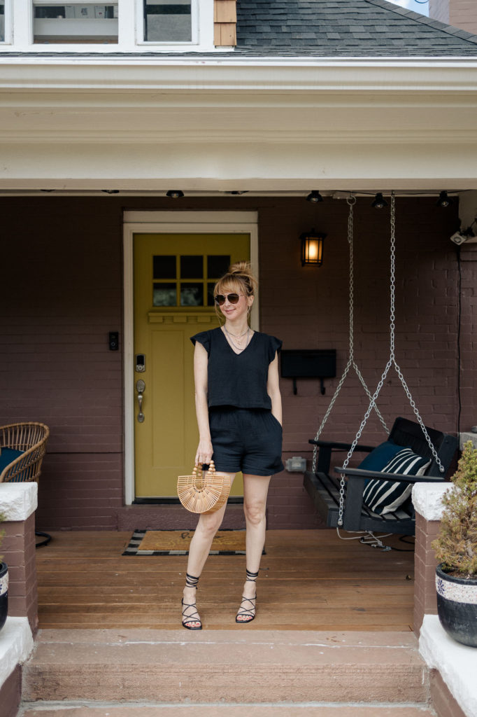 A black Rails short set dressed up with the Frame Le Doheny black scrappy sandals.