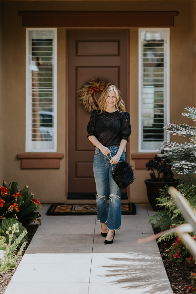 My favorite spring outfits include Maje eyelet open back top and Mother Tripper jeans with Sam Edelman Hazel pumps with Loeffler Randall feather bag.