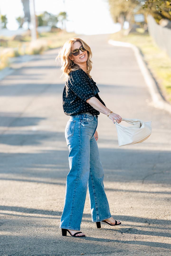 What To Wear With Wide Leg Jeans - MOTHER Tunnel Vision Sneak with Paige Esta and Staud Jetson