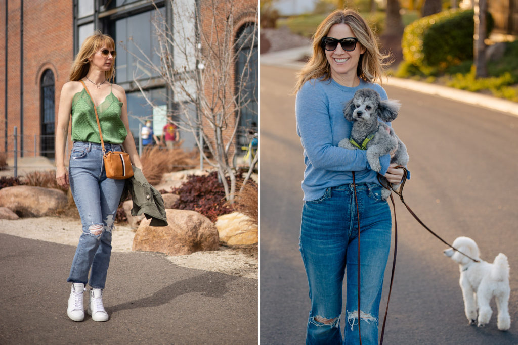 Favorite outfits for spring 2021 includes Agolde Riley jeans, Zadig Christy camisole and flash sneakers, Mother Tripper jeans and Zadig sweater with toy poodle.