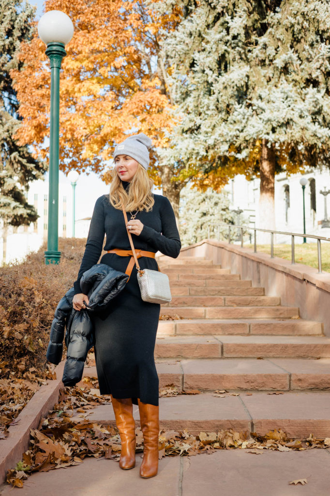 Wearing a black cashmere dress by Theory with the Isable Marant Lecce belt and gray beanie.