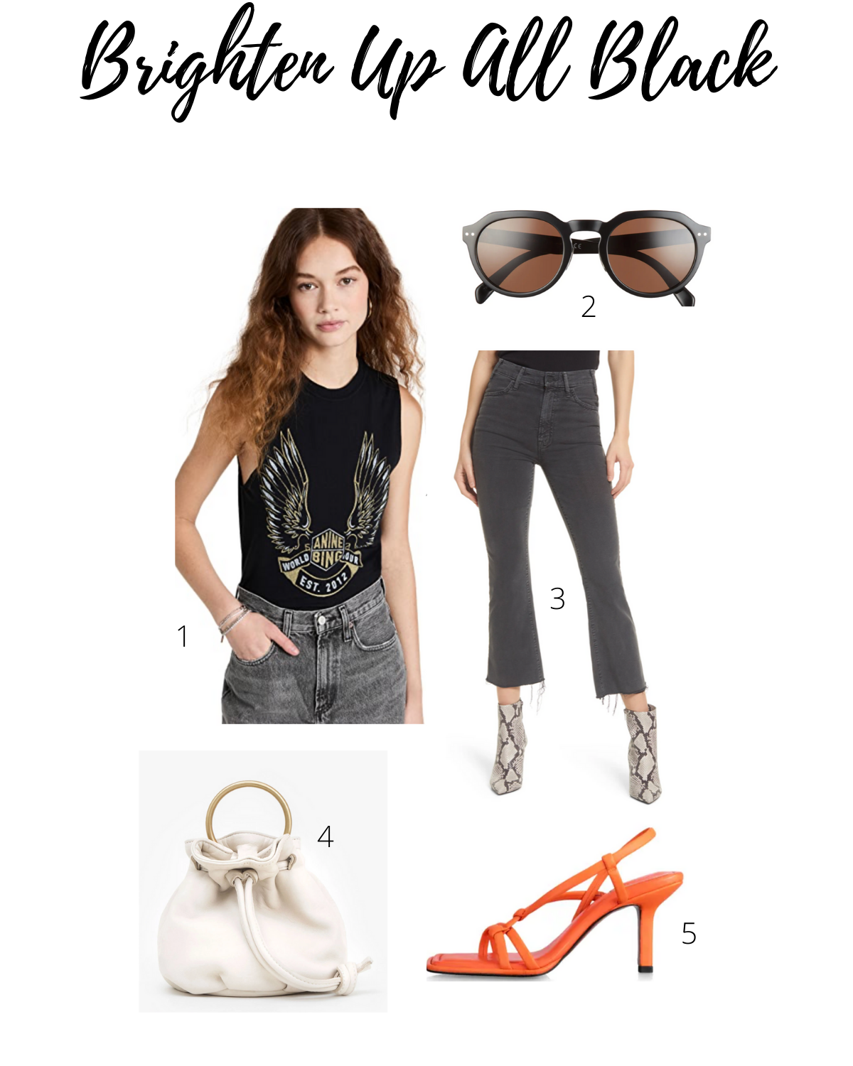 A style board featuring Frame heels in orange crush, black MOTHER jeans, and an Anine Bing graphic tee.