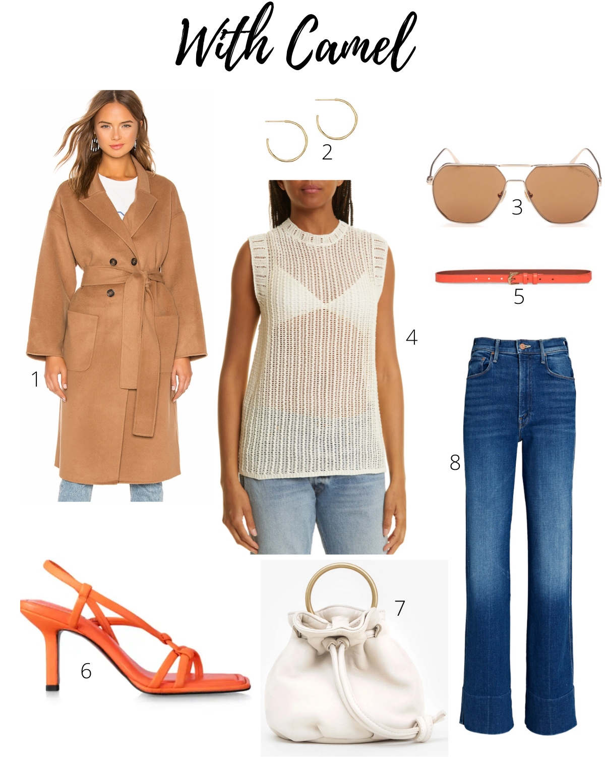 A style board featuring the Frame sandals in orange crush, Anine Bing camel Dylan coat, and MOTHER jeans.