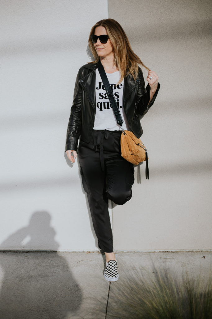 How to wear a women's Ted Baker jacket with black cargo pants and Zadig and Voltaire handbag for perfect spring 2021 style.