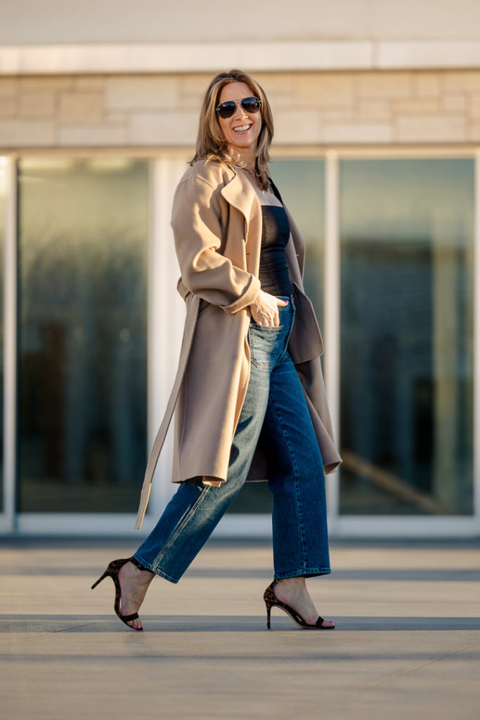 Reformation Alyssa Jeans with Arancini Linen top and L'Agence Gisele shoes and Theory Camel Coat.