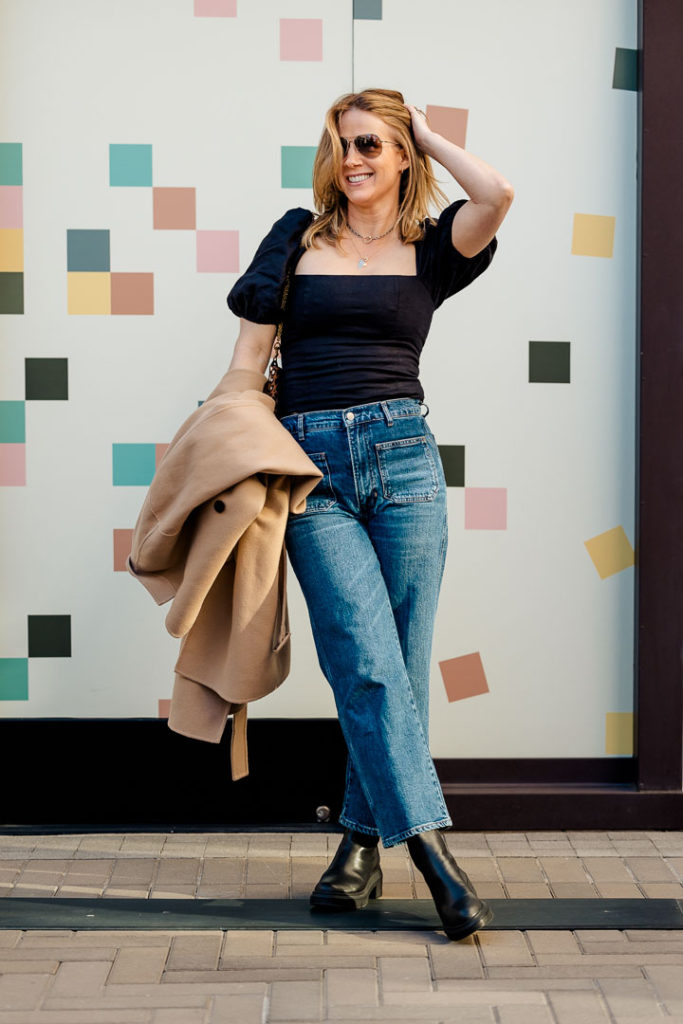 Reformation Sizing Review - Alyssa Jeans with Arancini Linen top and Stuart Weitzman Norah Lug Boots.