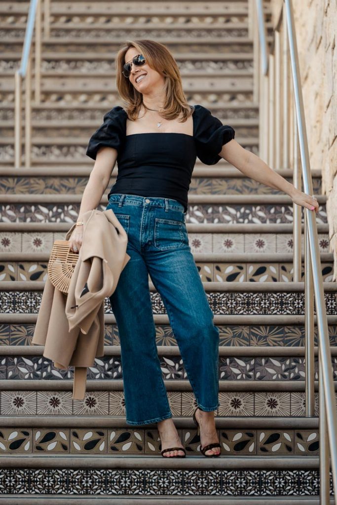 Reformation Alyssa Jeans with Arancini Linen top and L'Agence Gisele shoes.